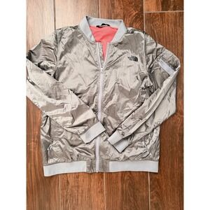 The North Face Womens Windwall Bomber Jacket Silver Metallic Full Zip Large‎